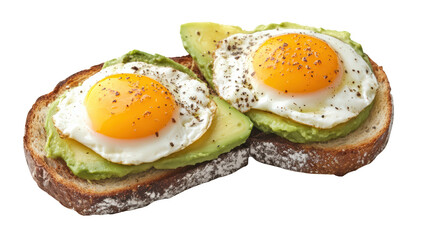 Delicious avocado toast topped with perfectly fried eggs, showcasing vibrant yellow yolk and sprinkled with black pepper. healthy and satisfying breakfast option. 