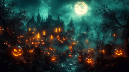 Obraz premium A haunted gothic castle and glowing jack-o'-lanterns under a full moon in a spooky cemetery.