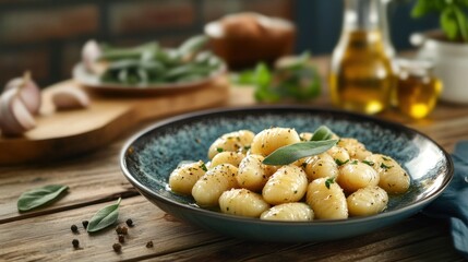 A plate of gnocchi garnished with herbs, set in a cozy kitchen environment.