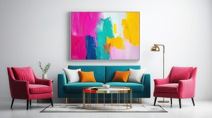 A vibrant living room with jewel-toned furniture, a metallic coffee table, and a bold, oversized abstract painting, Photorealistic, Energetic and modern