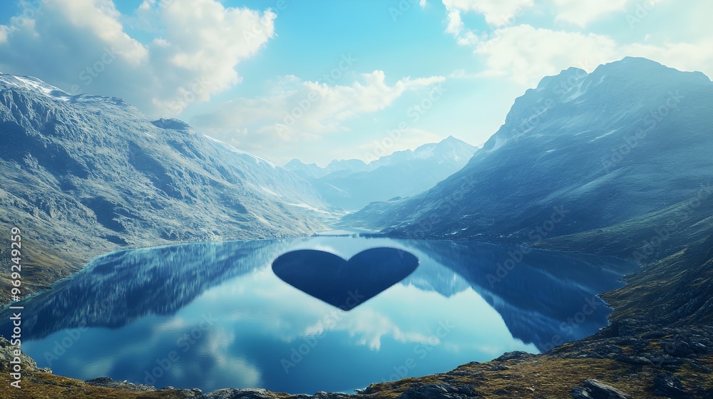 Canvas Prints Heart-shaped perspective of serene lake and mountains image