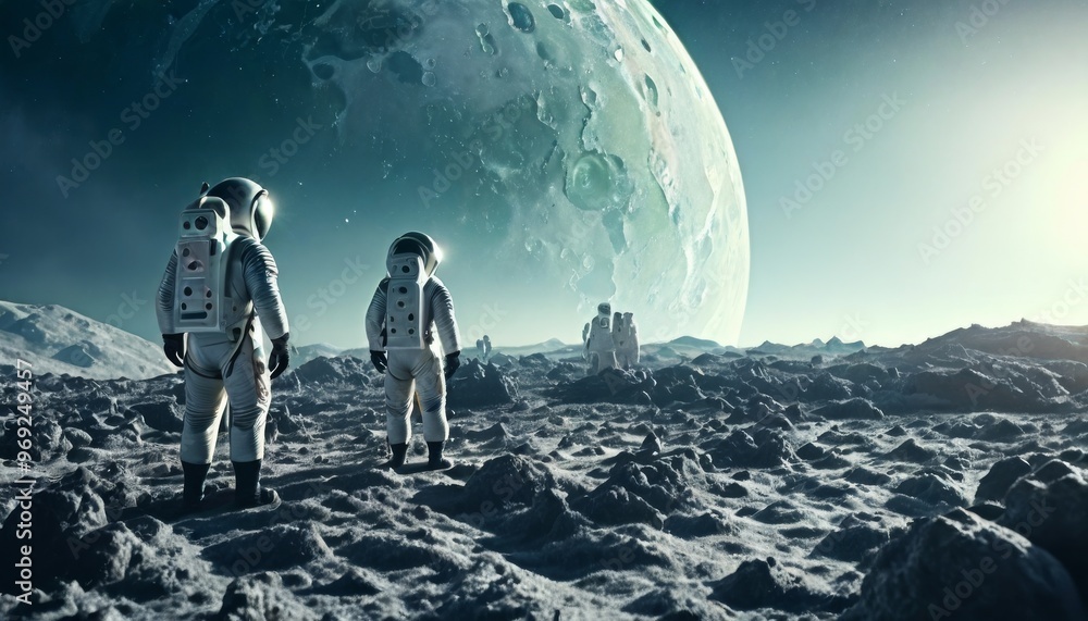 Poster two astronauts in spacesuits explore the rugged lunar surface with earth looming large in the backgr