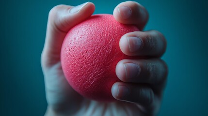 Close-up of a Stressed Hand Gripping a Red Stress Ball Under Pressure