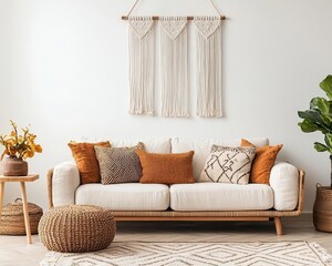 A bohemian living room with a rattan sofa, bold patterned cushions, and a large macrame hanging as the focal point, Digital Art, Cozy and eclectic