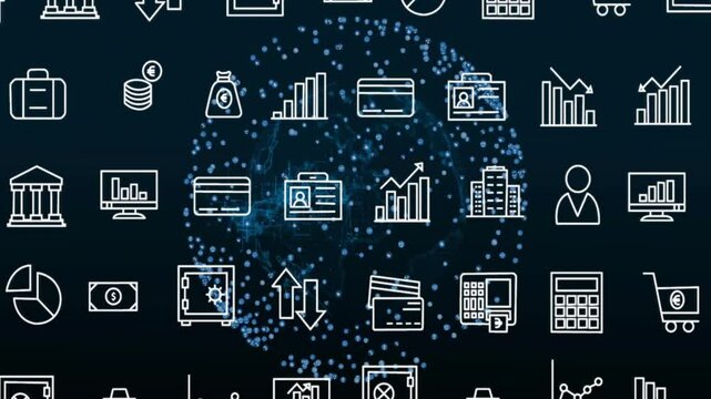 Animation of network of connections with globe over business icons