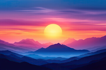 Obraz premium A vibrant sunset over paradise landscape with silhouettes of mountains