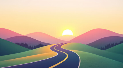 A bright sunrise illuminating winding road symbolizes new beginnings and adventure. serene landscape features rolling hills and warm color palette, evoking sense of peace and hope