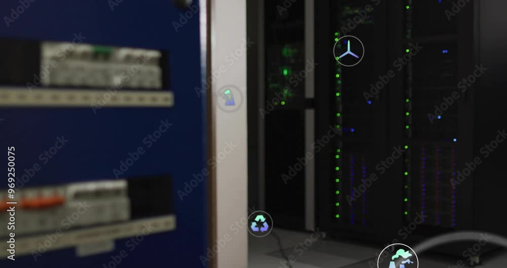 Poster animation of ecology icons and data processing over server room
