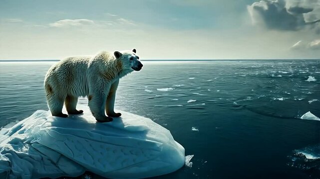 Polar Bear on Iceberg:  A solitary polar bear stands on a shrinking iceberg, gazing out at the vast, icy Arctic waters. The image evokes a sense of isolation, vulnerability, and the fragility of the n