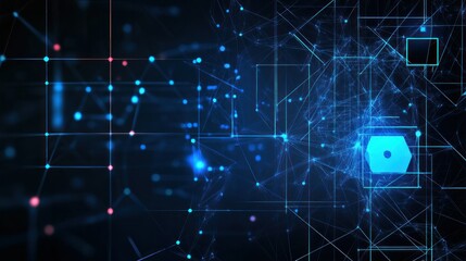 Obraz premium Abstract digital visualization with interconnected nodes and geometric shapes.