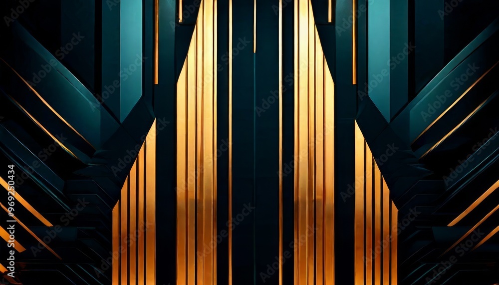Poster striking art deco design featuring gold and black geometric patterns. the sleek lines and luxurious 