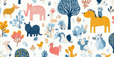 Fototapeta premium Colorful animals and floral designs on white background.