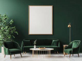 A luxury living room with dark green velvet seating, a gold-framed coffee table, and a large abstract painting, 3D rendering, Sophisticated elegance