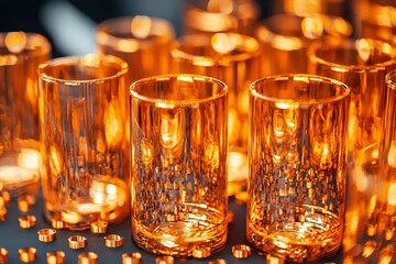 Golden Glassware with Reflections and Small Circular Objects