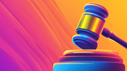 Digital gavel hitting virtual bankruptcy papers symbolizes legal decisions in vibrant, modern context. colorful background enhances emotional impact of justice and resolution