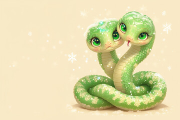 Fototapeta premium 2025 Two green snakes are hugging each other. The image has a playful and cute mood. The two snakes are wearing eye makeup, which adds to their adorable appearance