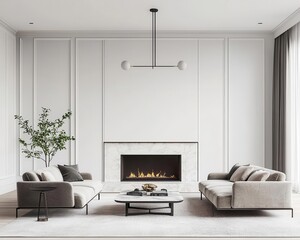 A modern luxury living room with sleek velvet sofas, a marble fireplace, and a bold abstract sculpture as the statement, 3D rendering, Opulent and chic