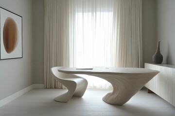 A modern workspace featuring a sculptural desk and minimalist decor.