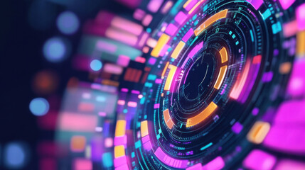 Futuristic digital interface displaying vibrant colors and intricate patterns, representing advanced technology and data visualization. design evokes sense of innovation and modernity
