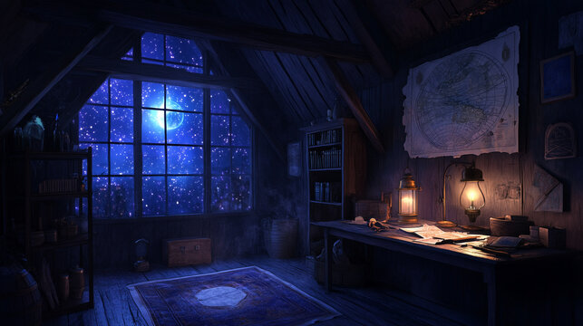 Cozy attic room with a view of a starry night sky and moonlight