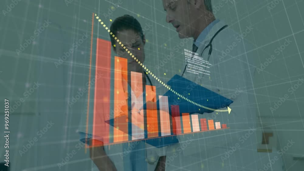 Aufkleber animation of data processing and diagrams over caucasian doctors talking