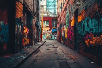 Fototapeta premium An urban alleyway with colorful graffiti art painted on the walls