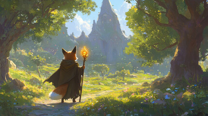 A fox in wizard costume holds glowing staff while walking through vibrant forest towards mystical castle. enchanting scenery evokes sense of adventure and magic