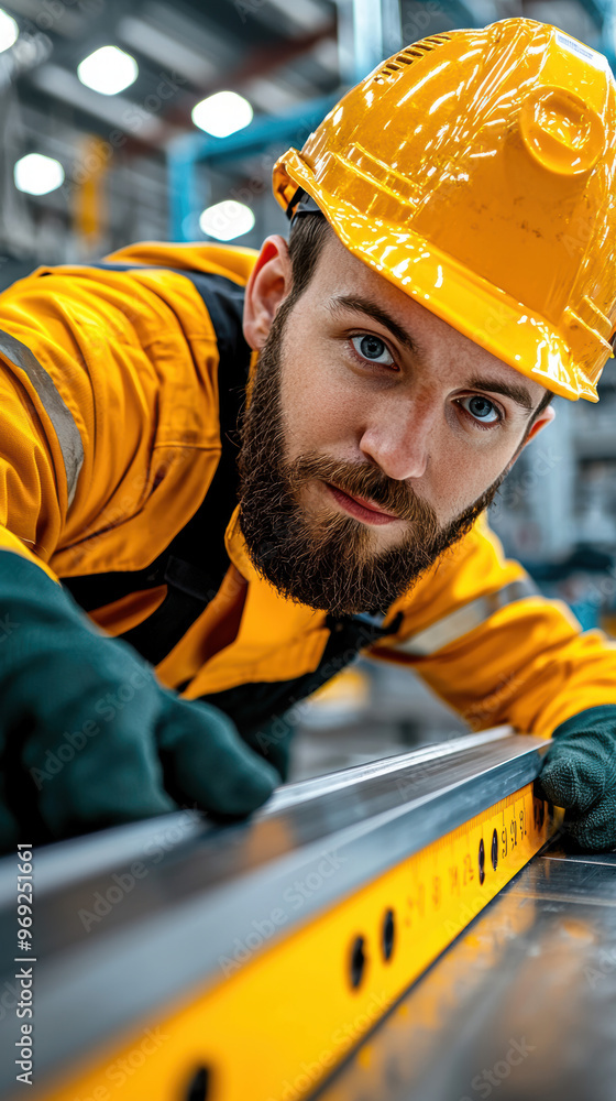 Poster technician checking product alignment with a laser level on a manufacturing floor, precision alignme