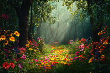 Obraz premium A vibrant paradise forest filled with colorful flowers and soft sunlight