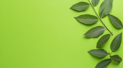 Fresh leaves on vibrant green background symbolize eco friendliness and natures beauty. This image captures essence of growth and sustainability
