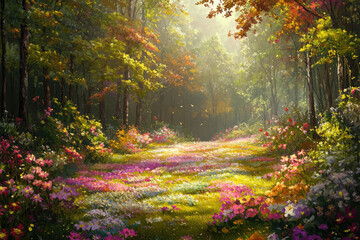 Fototapeta premium A vibrant paradise forest filled with colorful flowers and sunlight