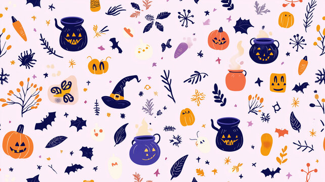 Halloween pattern with cauldrons, pumpkins, and bats on soft purple background