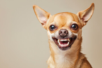 Obraz premium Chihuahua dog on a plain beige studio background grimacing, funny evil face.