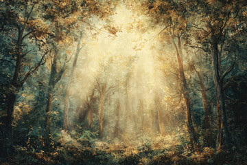 Obraz premium A serene forest with golden light filtering through trees creates tranquil atmosphere