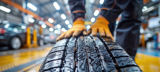 Car at a service station. Seasonal replacement of tires on a car, an auto mechanic does tire fitting. Selective focus.