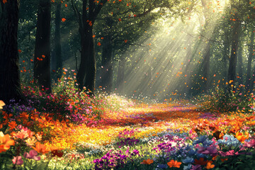 Fototapeta premium A vibrant paradise forest filled with colorful flowers and sunlight