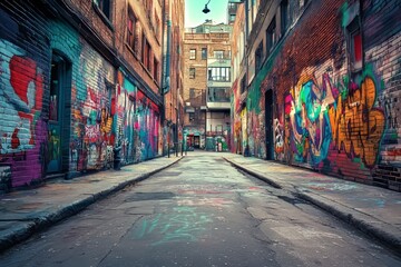 Fototapeta premium An urban alleyway with colorful graffiti art painted on the walls
