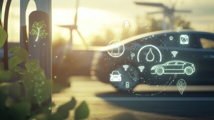 Electric Vehicle Charging Station with Green Energy Icons