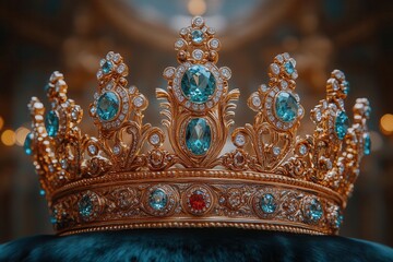 Fototapeta premium ornate golden crown adorned with glittering gemstones rests on rich velvet cushion intricate filigree work and majestic design embody regal power and timeless sovereignty
