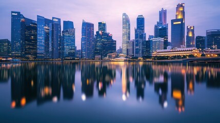 Fototapeta premium A city skyline at dusk reflecting on water, showcasing modern architecture and urban life.
