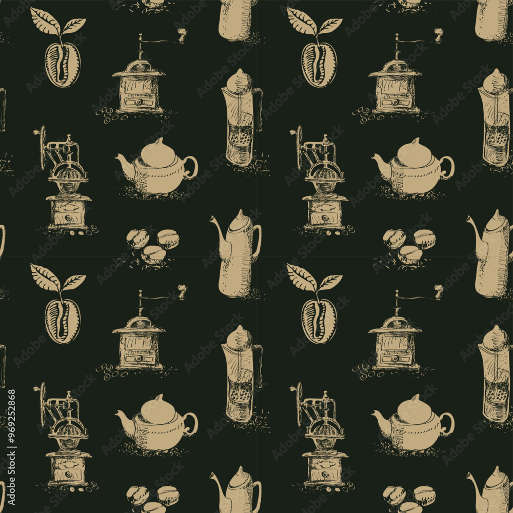 Poster hand-drawn seamless pattern on the theme of tea and coffee. vector repeatable background with sketch