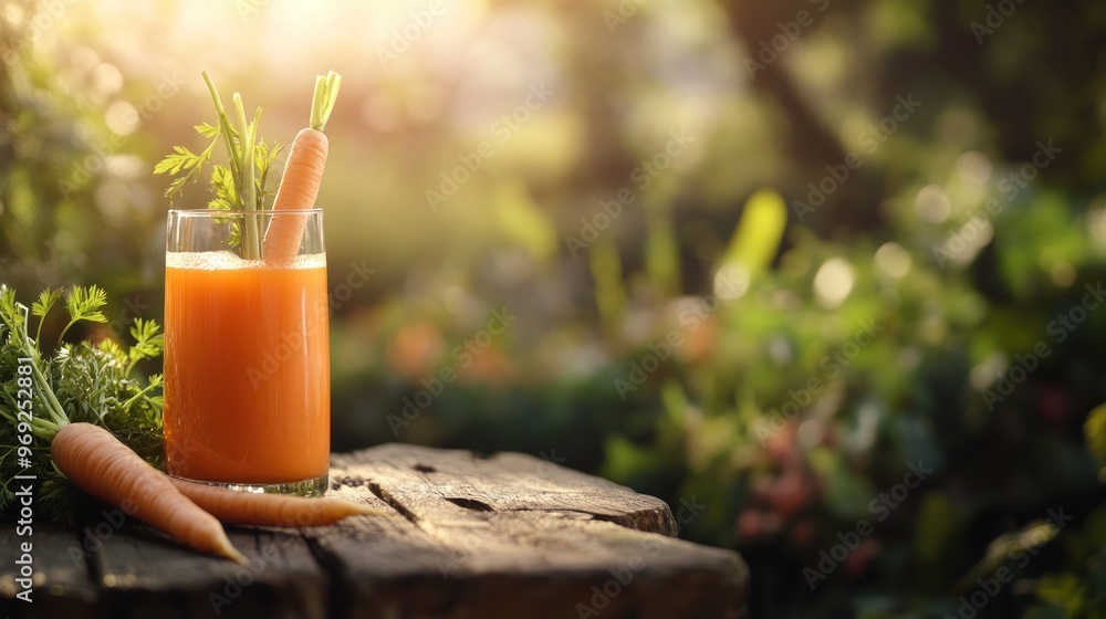 Poster A refreshing glass of carrot juice garnished with fresh carrots in a vibrant garden setting.