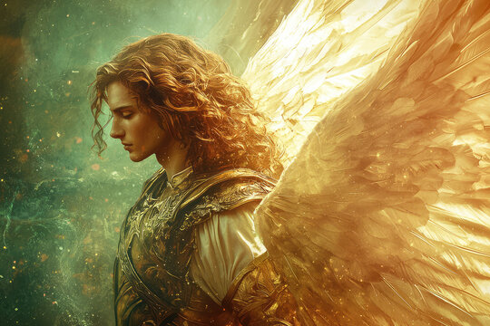 An artistic representation of Archangel Raphael guiding with golden wings and serene expression