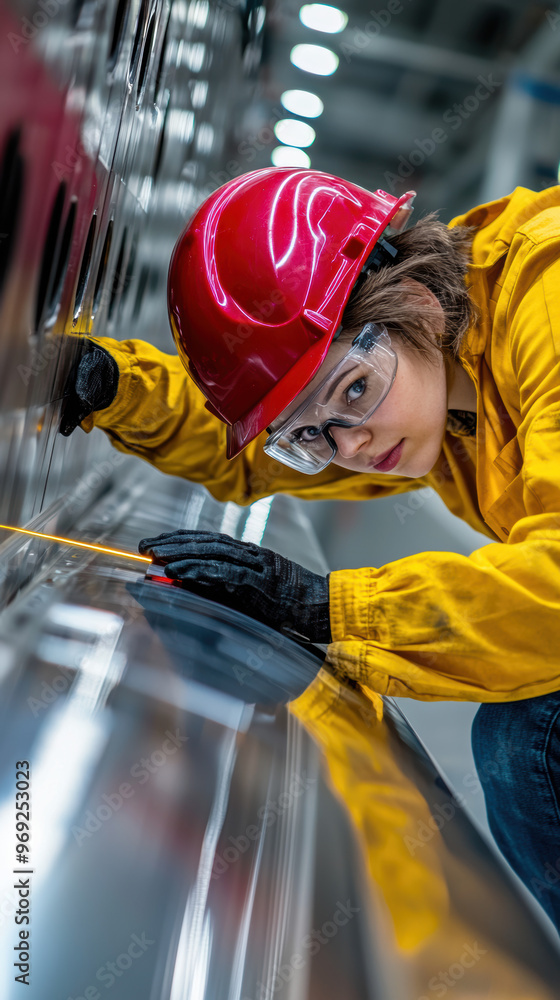 Poster technician checking product alignment with a laser level on a manufacturing floor, precision alignme