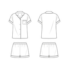 Technical vector sketch of fluid satin pajmas set. Sleepwear set. Short sleeve button down shirt top with notched collar neck. Pull on shorts with waist band. 