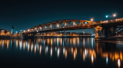 A beautifully illuminated bridge at night reflecting in calm waters.