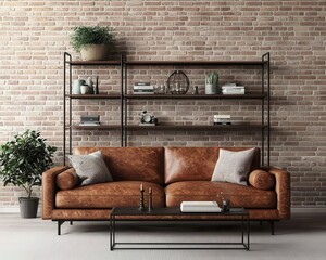 An industrial-style living room with exposed brick, a distressed leather sofa, and a bold metal statement bookshelf, Digital Art, Raw and stylish