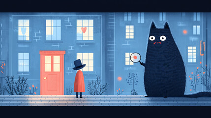 Mysterious character and giant cat in a moody urban night scene