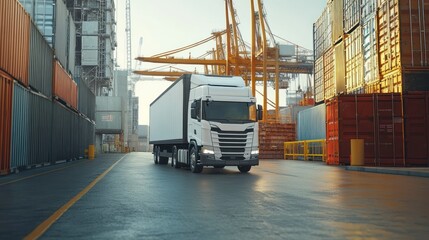 Fototapeta premium A white truck driving through a shipping yard with containers in the background.