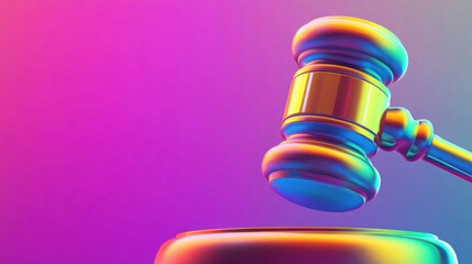 A vibrant hologram of gavel symbolizes justice and authority in futuristic court setting. colorful design evokes sense of innovation and change in legal system